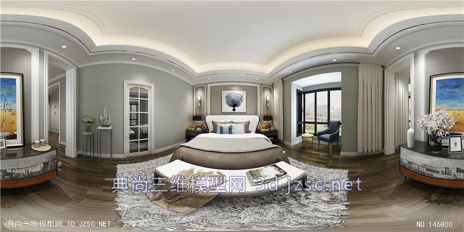 卧室空间新古典风格N01720全景效果图模型-3dmax室内模型