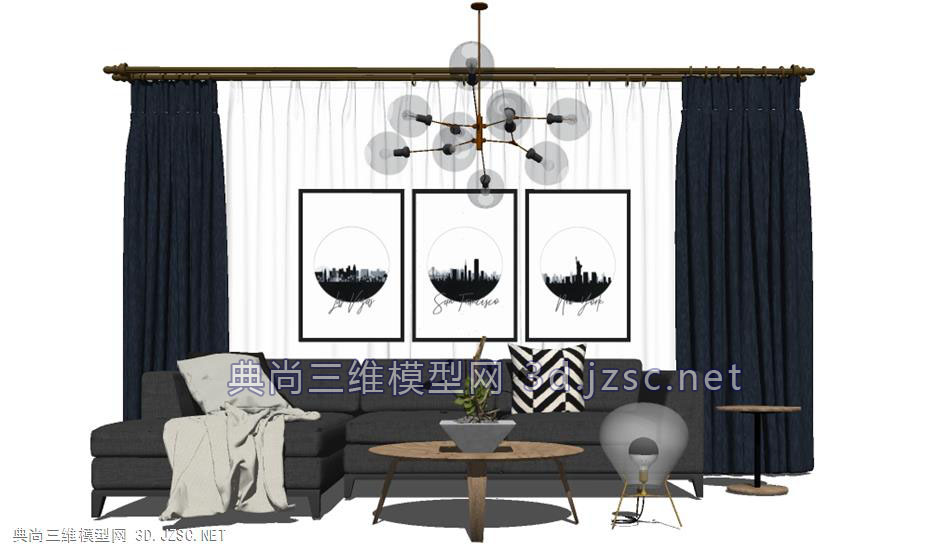 北欧／现代客厅软装（盆栽、沙发、装饰画、吊灯、窗帘）