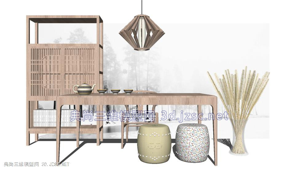 新中式／禅意书房(书架、吊灯、凳子、茶杯茶壶、桌子）