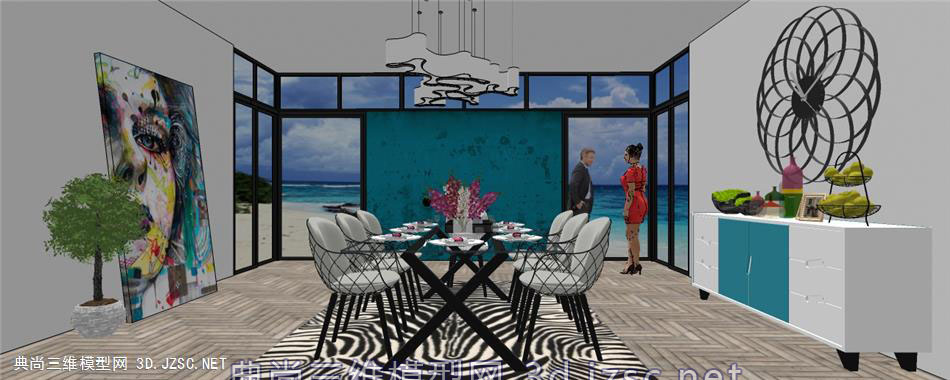 海边别墅餐厅／餐桌／座椅／装饰品／海边别墅餐厅家装组合