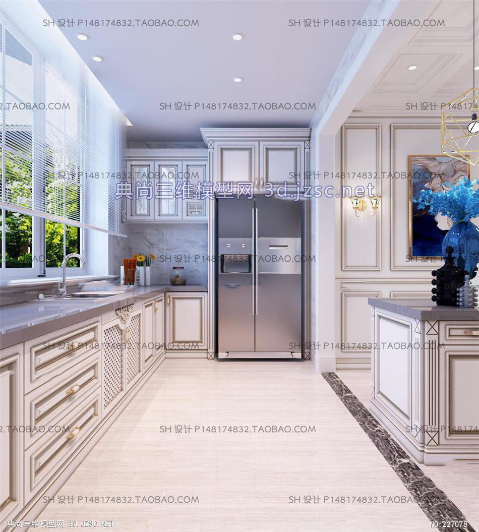 欧式厨房白色实木整体橱柜3D模型ID：320692-2 厨房模型 餐厅模型