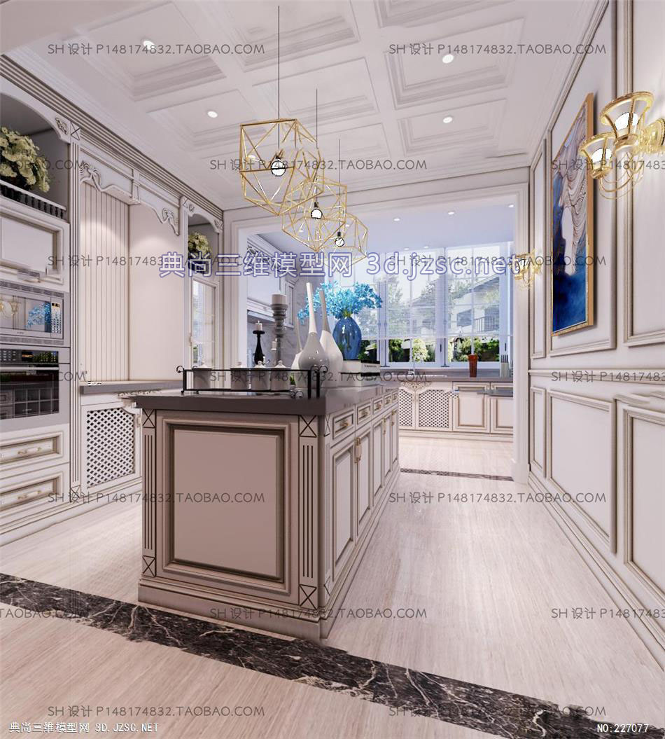 欧式厨房白色实木整体橱柜3D模型ID：320692-3 厨房模型 餐厅模型
