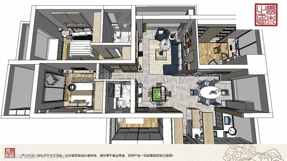 室内整体装修丨三室两厅 (45)su模型 室内模型精品su