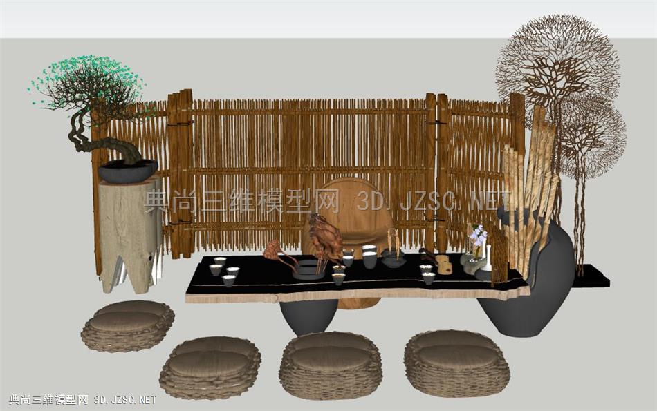 中式复古禅意茶室客厅布置--桌椅屏风组合