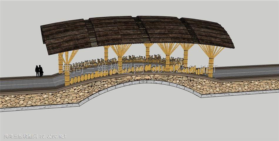 新中式复古廊桥-木制廊架拱桥