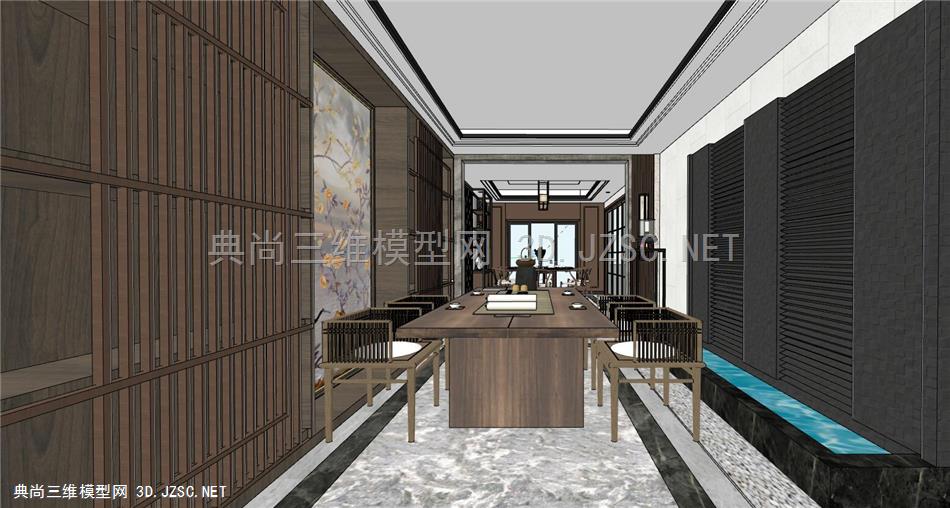 新中式客厅餐厅茶室室内设计SU模型119