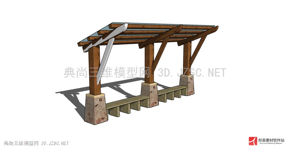 现代简约石质休闲廊架花架镂空顶棚葡萄架 休息木头长凳座椅