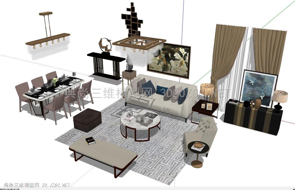 现代风格客厅餐厅家具组合SU模型下载41
