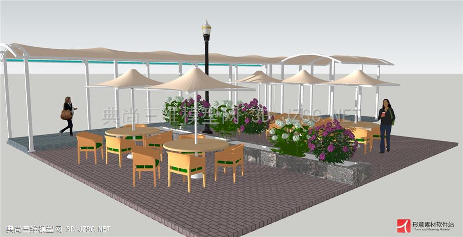 现代简约户外休闲广场景观太阳伞桌椅组合，廊架连廊，花坛花卉 1