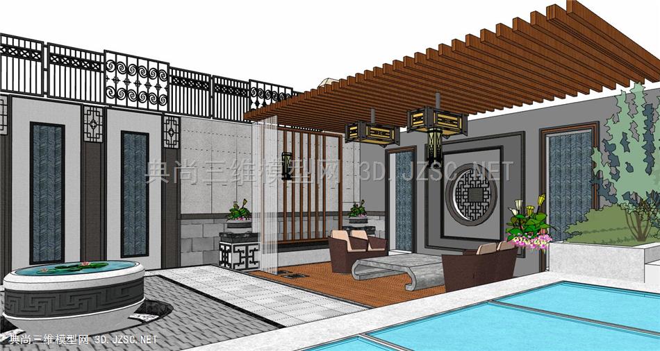 新中式精致庭院设计 木质花架廊架，复古铁艺围栏，荷花池水池水景 (24)