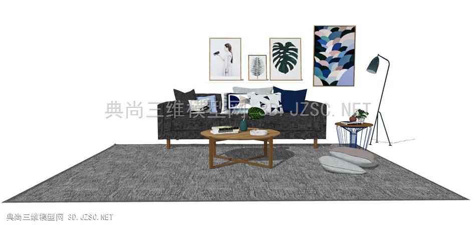 北欧客厅沙发、茶几、落地灯、装饰画组合(11)