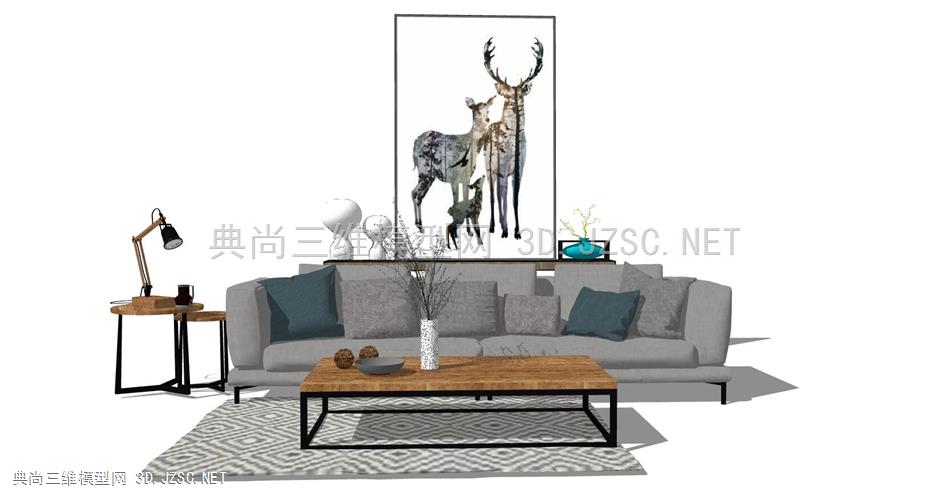 北欧客厅沙发、茶几、落地灯、装饰画组合(4)