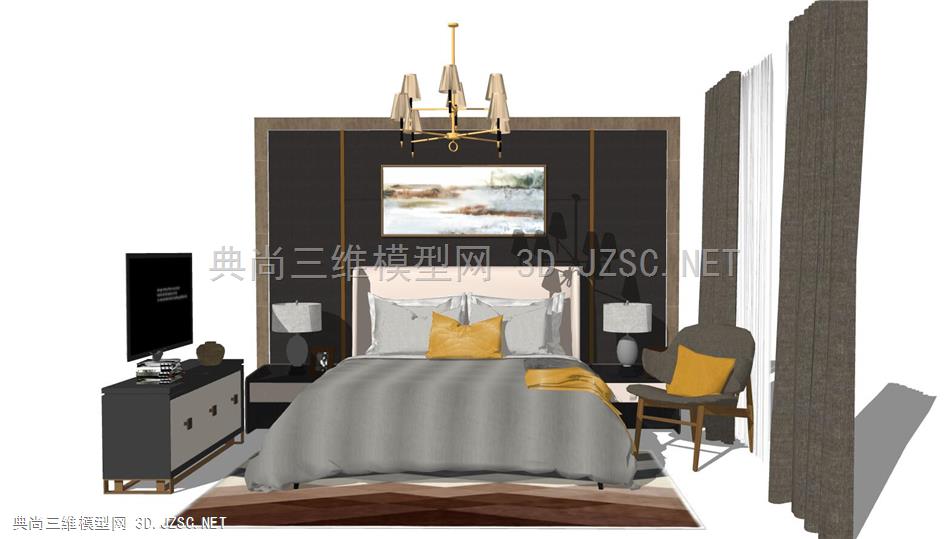 新中式卧室组合、床铺、床头背景(2)