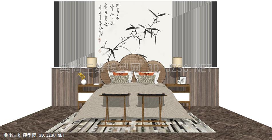 新中式卧室组合、床铺、床头背景(8)