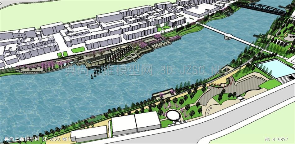 现代亲水沿河城市带状休闲广场景观带观景平台景观规划设计su模型su