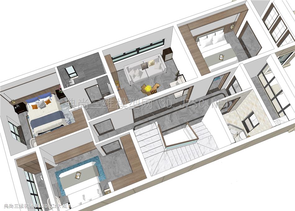 原创新中式二层别墅室内设计SU模型