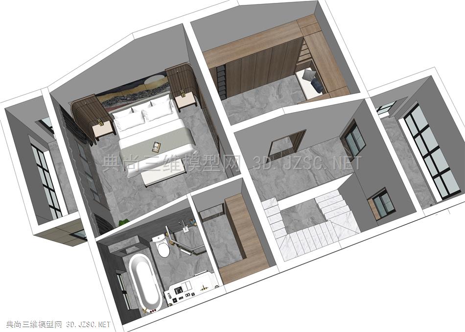 原创新中式三层别墅室内设计SU模型
