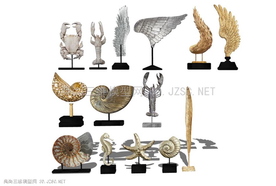 现代雕塑合集-天使翅膀海星陀螺海马螃蟹虾米摆件雕塑