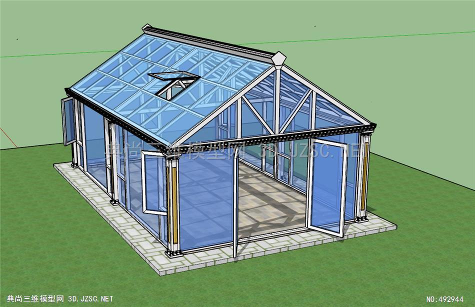 三维模型su建筑实体模型su模型人字形白色阳光房