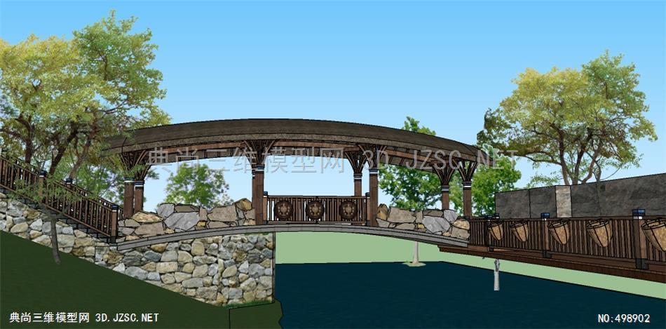 乡村生态新中式廊桥景观桥廊架3su模型