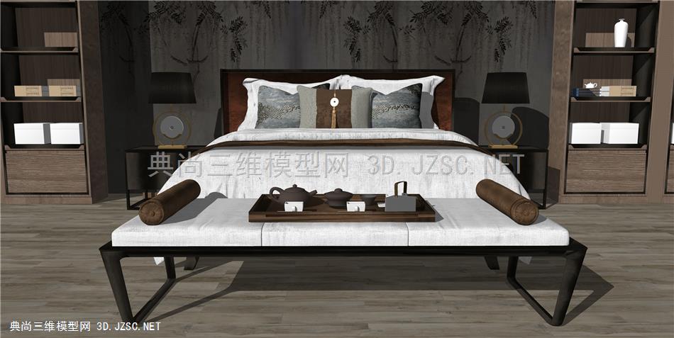 原创 新中式卧室双人床 床头柜 台灯 床尾凳 茶盘 摆件