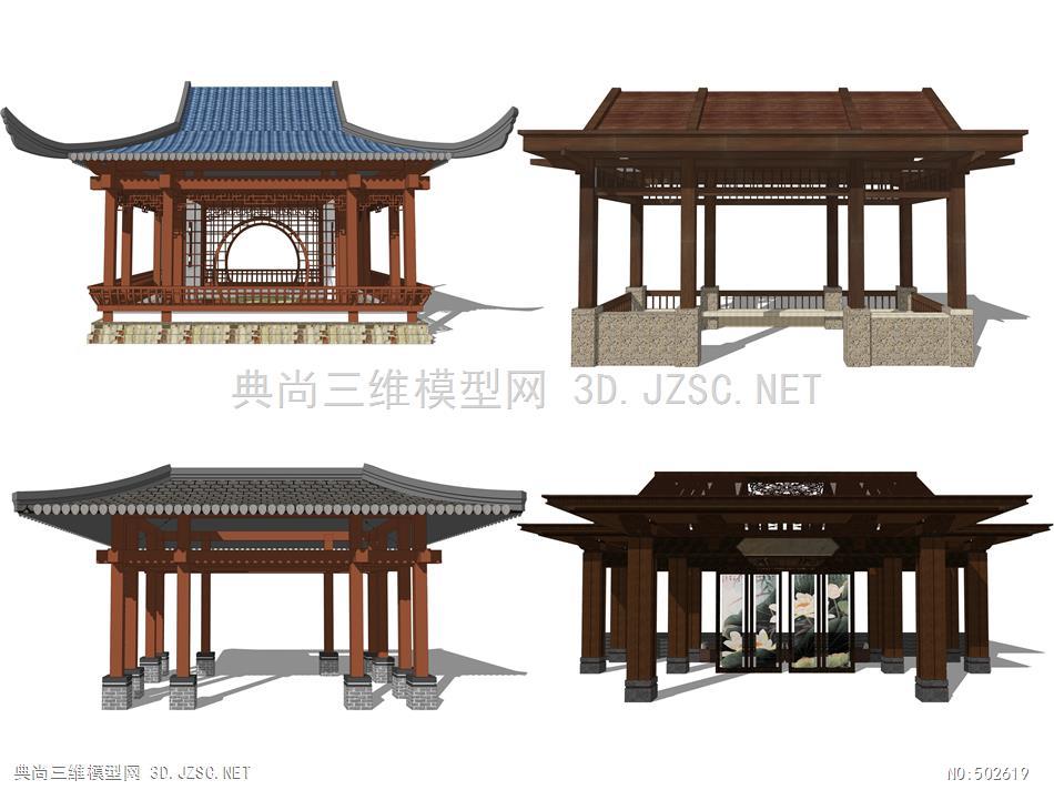 新中式亭廊亭子水榭su模型 景观小建筑su模型