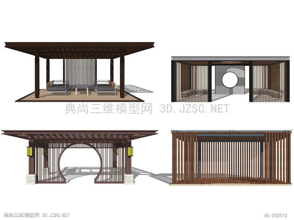 新中式亭廊亭子su模型 景观小建筑su模型