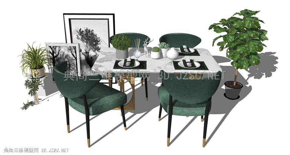 现代轻奢餐桌椅 大理石餐桌 北欧餐桌椅 盆栽植物组合 原创