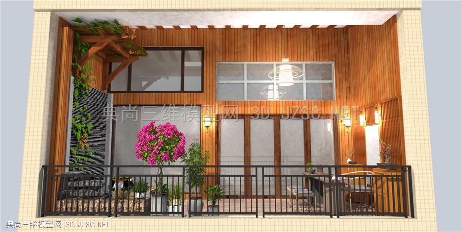 新中式茶室 假山水景 花园阳台 茶桌椅 植物盆栽 原创