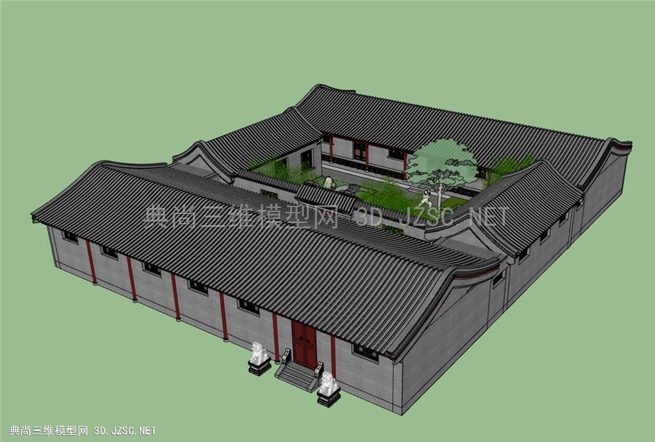 新中式复古住宅小平房二进庭院带江南风格庭院，石狮子石桌凳绿竹3 (1)