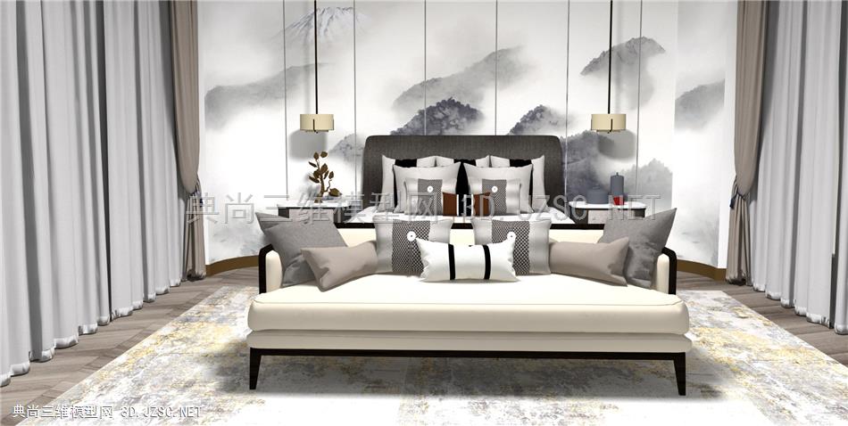 新中式卧室 双人床 吊灯 床头柜 多人沙发 茶具 窗帘 饰品摆件 原创