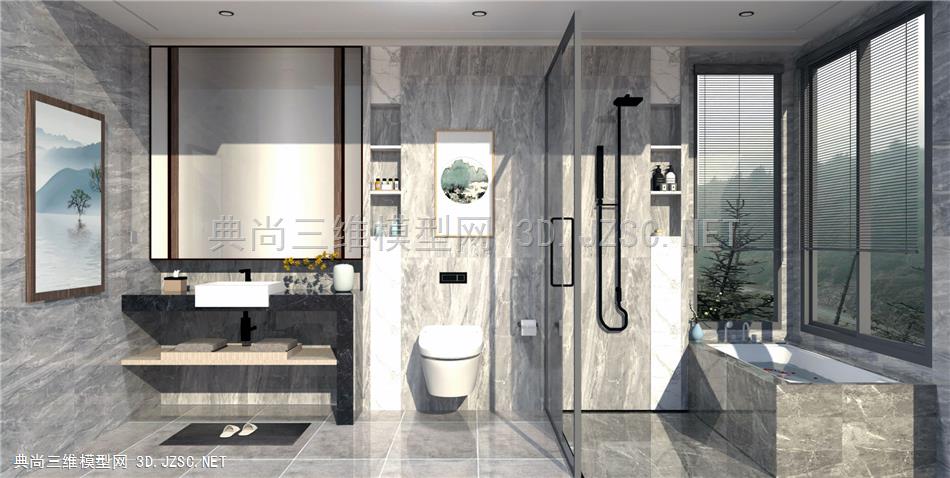 新中式卫生间 淋浴室 浴柜 洗手台 浴缸 马桶 洗浴用品 原创