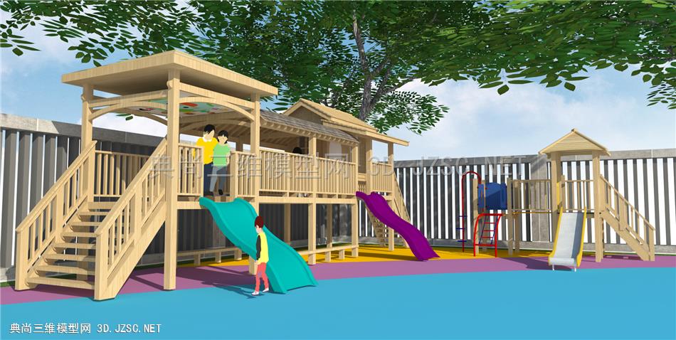 儿童游乐场 儿童活动区 幼儿园户外景观 木屋 滑梯 游乐设施 原创