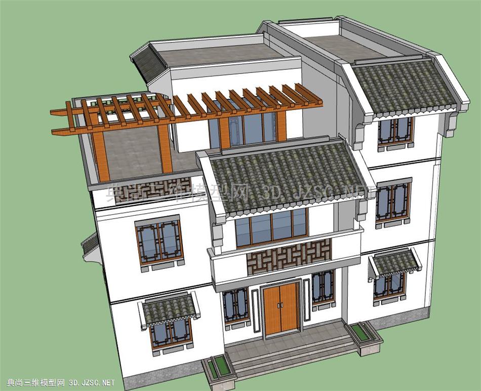 新中式江南古韵精致住宅别墅三层砖瓦小洋房，休闲廊架28 (1)