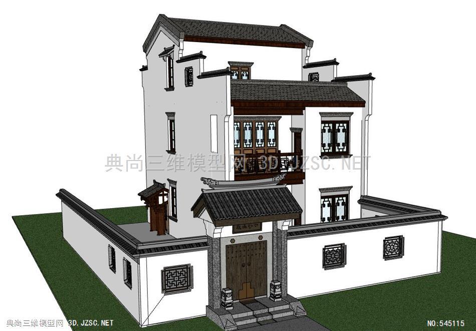 新中式江南古韵精致住宅别墅三层砖瓦小洋房复古大门门头58su模型