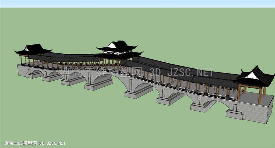 新中式石拱桥廊桥连廊休息凉亭 (1)
