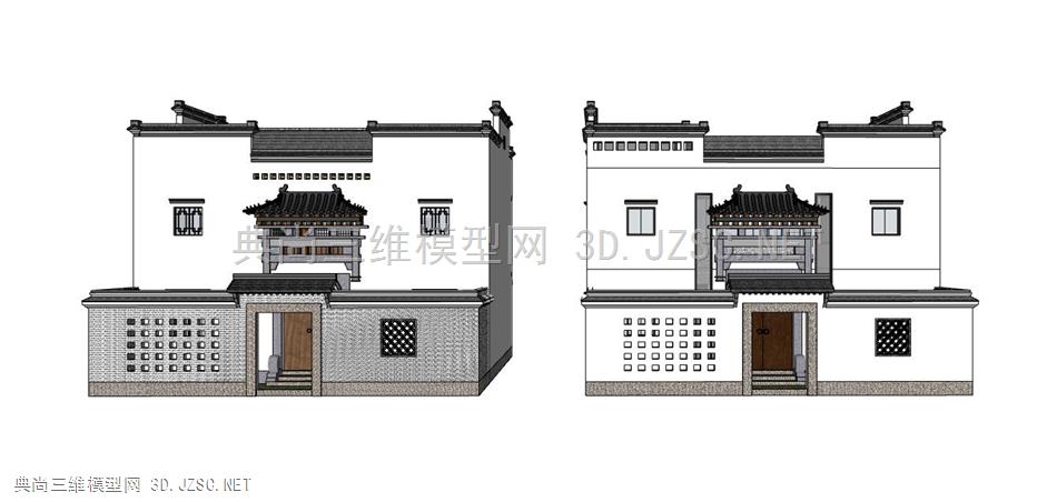 现代新中式简约住宅别墅三层小洋房带露台庭院，复古门头大门(66 (1)