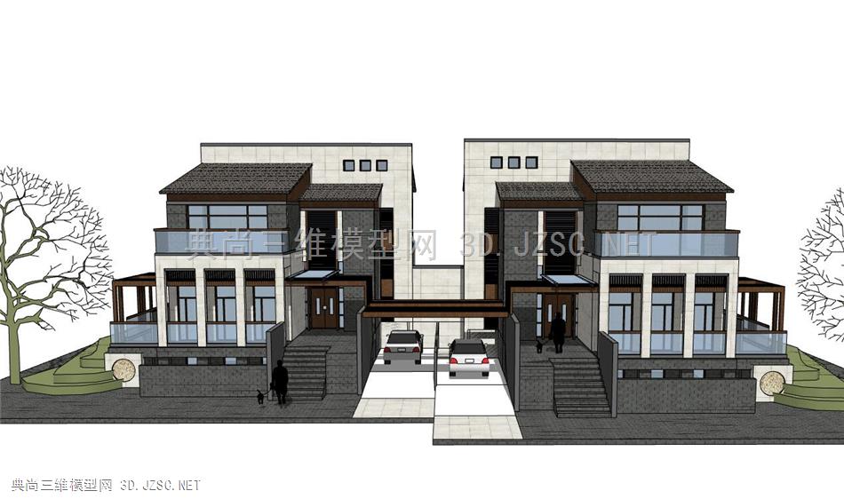 现代新中式简约住宅别墅三层小洋房带露台廊架，庭院车库 (68 (1)