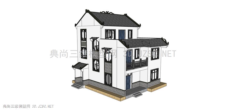 新中式江南风精致住宅别墅镂空花窗楼下小店su模型