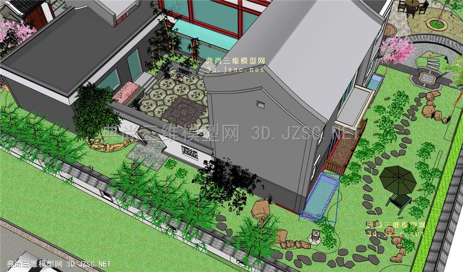 中式庭院、居住区小区景观设计模型-楼下小店