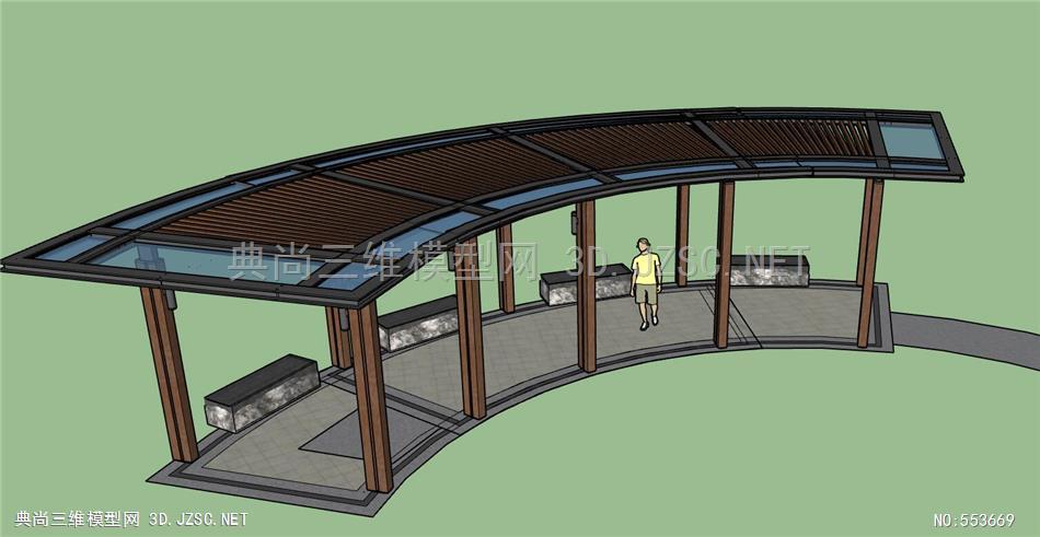 现代创意休闲连廊景观廊架玻璃镂空顶棚 (8)su模型