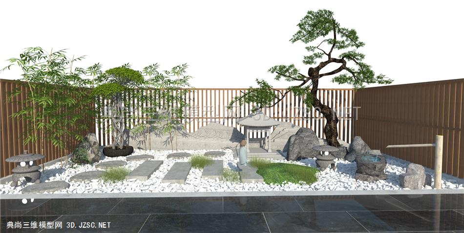 新中式庭院景观 枯山水景观小品 松树 假山石头 禅意小景 原创