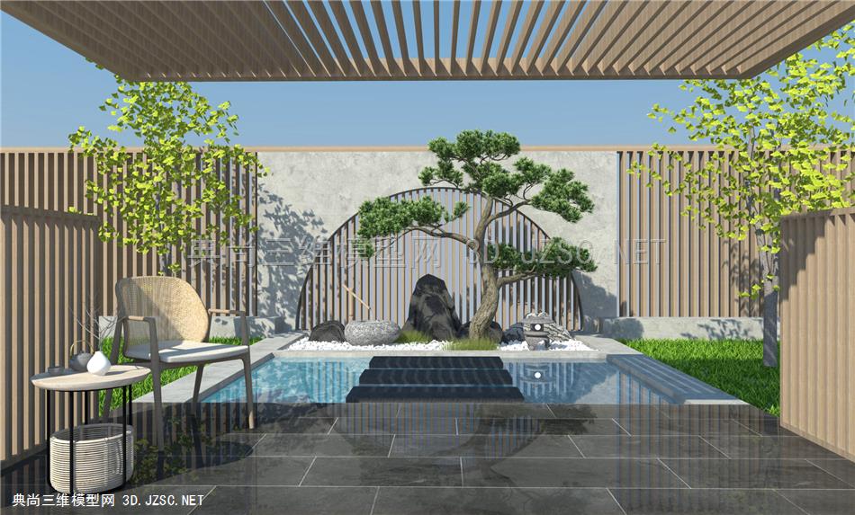 新中式庭院景观 滨水景观小品 松树枯石 休闲椅茶几 景墙围墙 原创
