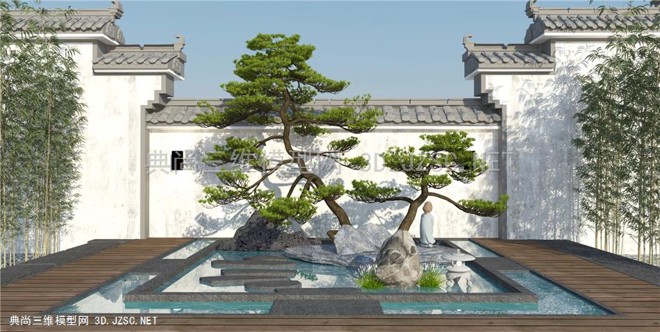 新中式庭院景观 滨水松树景观小品 石头松树景观 景墙围墙 禅意小品 原创