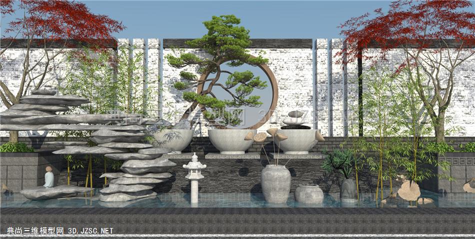 新中式滨水庭院景观 松树景墙围墙 假山石头 园艺小景