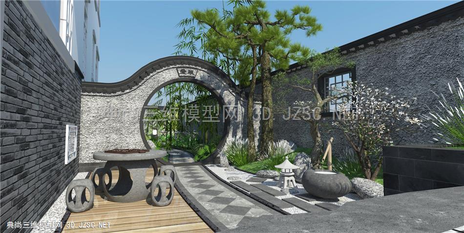 新中式庭院景观 景观小品 景观树木 石头假山 竹子 围墙 原创