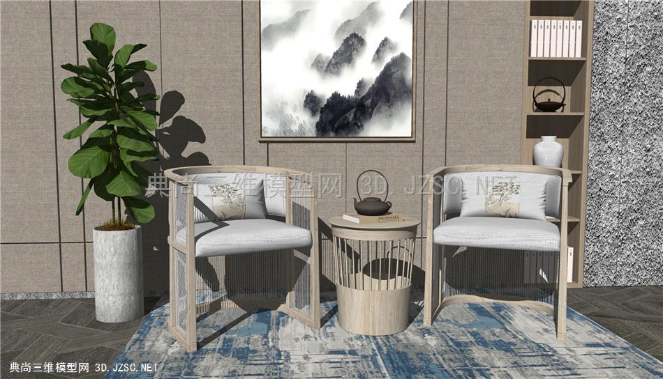 新中式休闲沙发茶几 单人沙发 室内植物盆栽 中式背景墙 原创