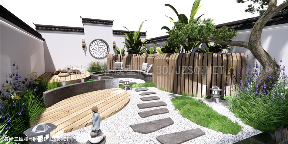 新中式庭院景观 屋顶花园景观 景观小品 松树 禅意庭院景观 围墙景墙 茶桌 原创