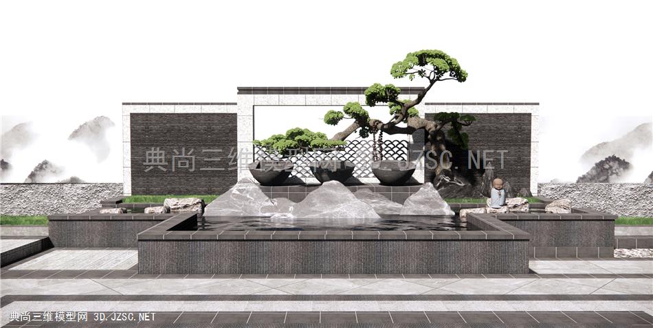 新中式景墙围墙景观 松树水景 售楼处禅意水景 水池喷泉小景 石头假山 原创