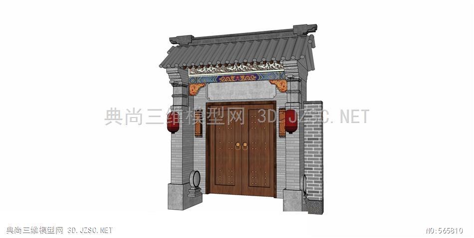 中式复古入户大门门头石雕石狮子5su模型